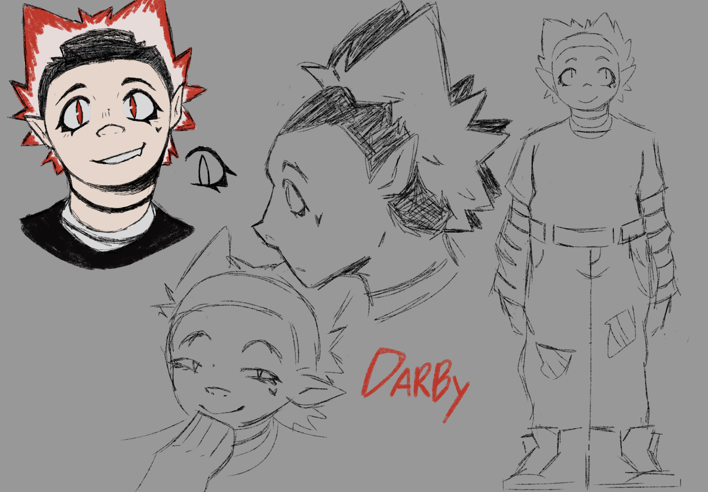 Darby Design Sheet (2025). A character design sheet for a character named Darby. It shows their full body and some expressions/head angles.